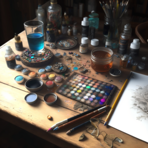 cluttered art table with artist supplies and paints